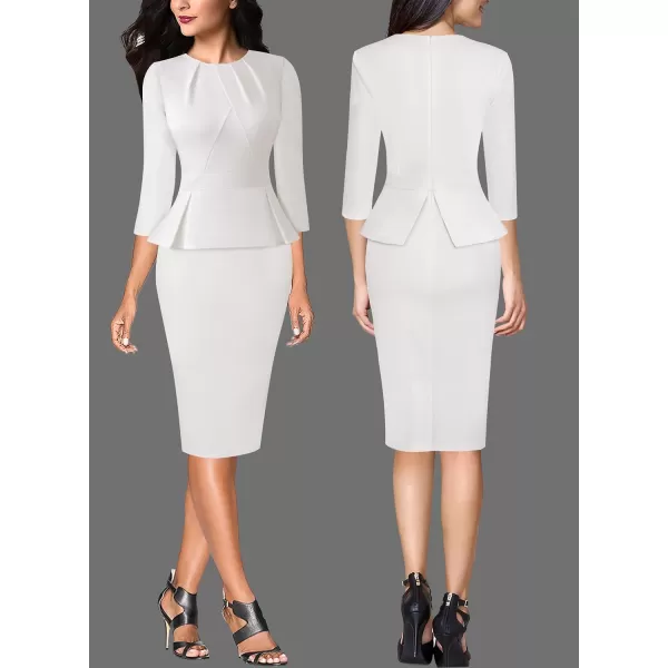 VFSHOW Womens Pleated Crew Neck Peplum Wear to Work Office Sheath DressOffwhite 34 Sleeve