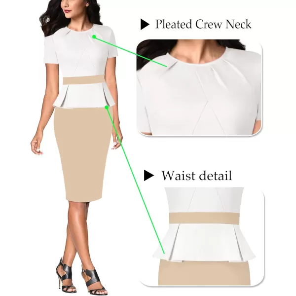 VFSHOW Womens Pleated Crew Neck Peplum Wear to Work Office Sheath DressOffwhite and Beige