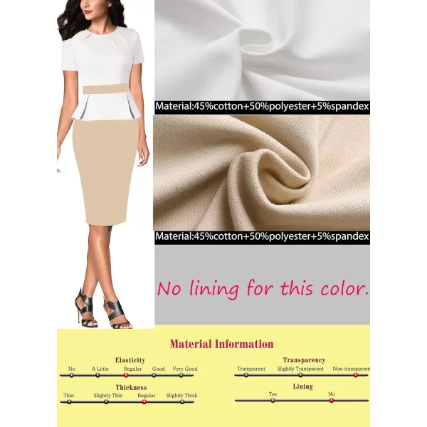 VFSHOW Womens Pleated Crew Neck Peplum Wear to Work Office Sheath DressOffwhite and Beige