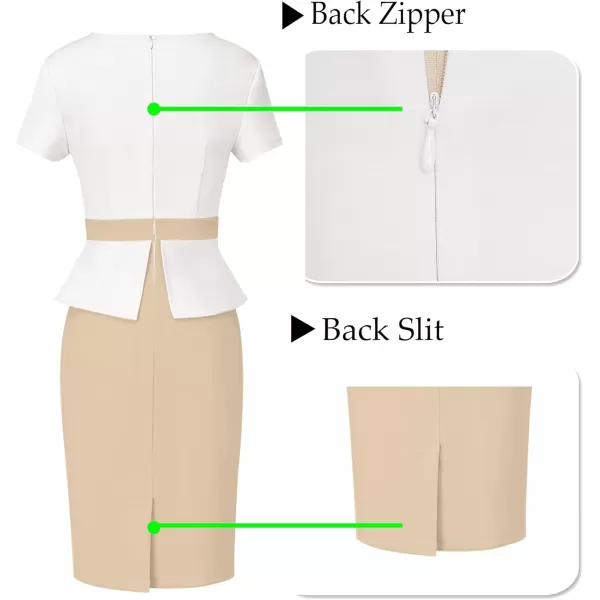 VFSHOW Womens Pleated Crew Neck Peplum Wear to Work Office Sheath DressOffwhite and Beige