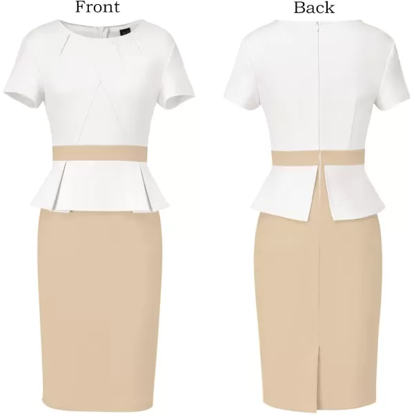 VFSHOW Womens Pleated Crew Neck Peplum Wear to Work Office Sheath DressOffwhite and Beige