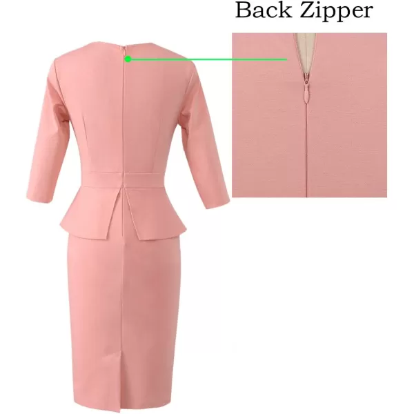 VFSHOW Womens Pleated Crew Neck Peplum Wear to Work Office Sheath DressPeach Pink Three Quarter Sleeve