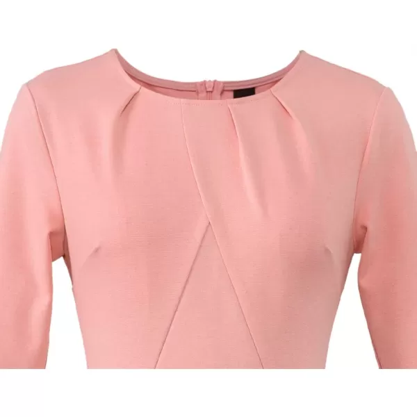 VFSHOW Womens Pleated Crew Neck Peplum Wear to Work Office Sheath DressPeach Pink Three Quarter Sleeve