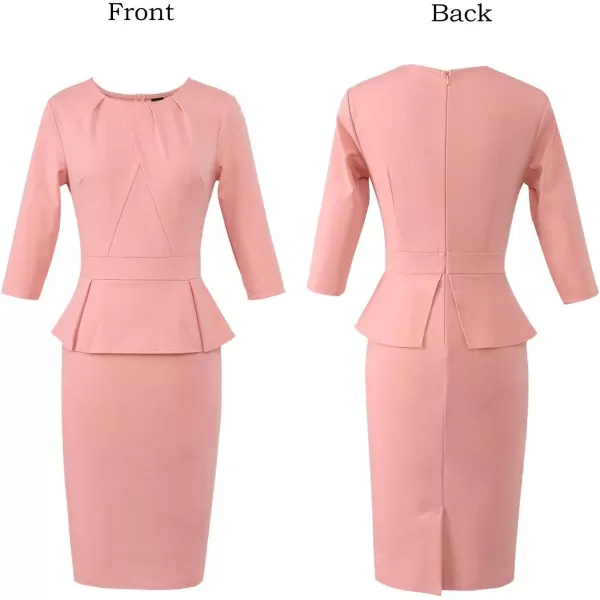 VFSHOW Womens Pleated Crew Neck Peplum Wear to Work Office Sheath DressPeach Pink Three Quarter Sleeve