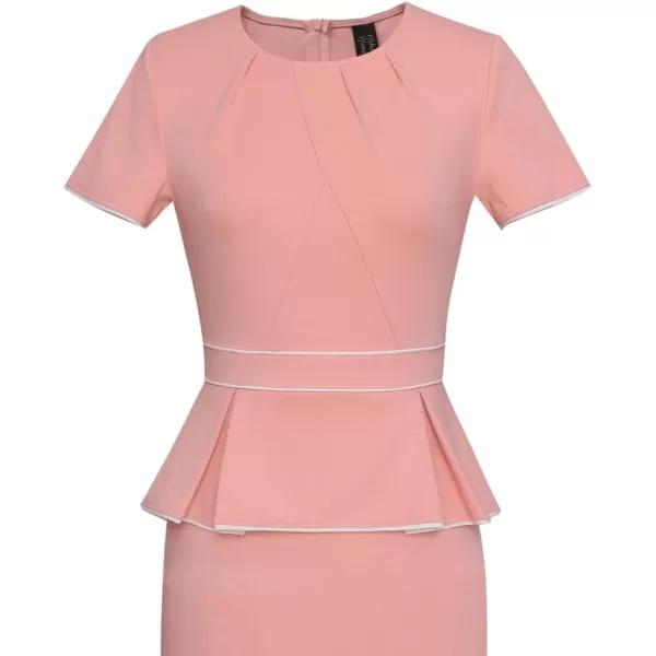 VFSHOW Womens Pleated Crew Neck Peplum Wear to Work Office Sheath DressPeach Pink With White Piping