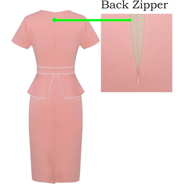 VFSHOW Womens Pleated Crew Neck Peplum Wear to Work Office Sheath DressPeach Pink With White Piping