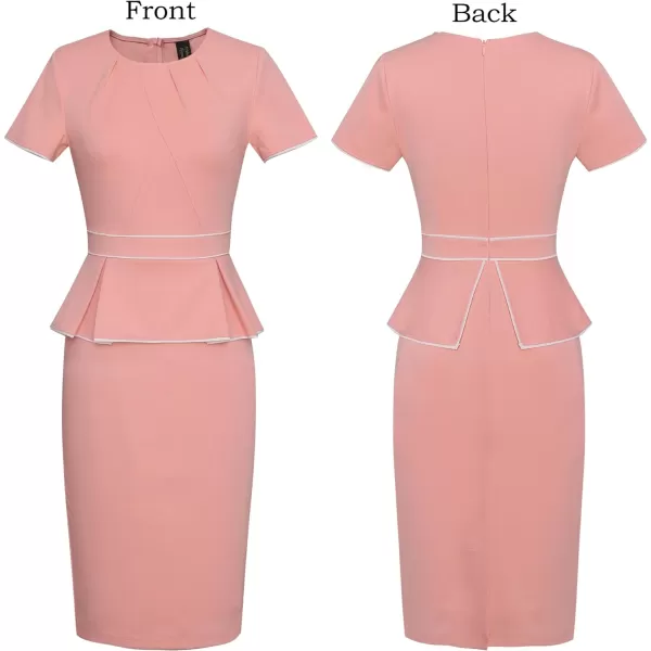 VFSHOW Womens Pleated Crew Neck Peplum Wear to Work Office Sheath DressPeach Pink With White Piping