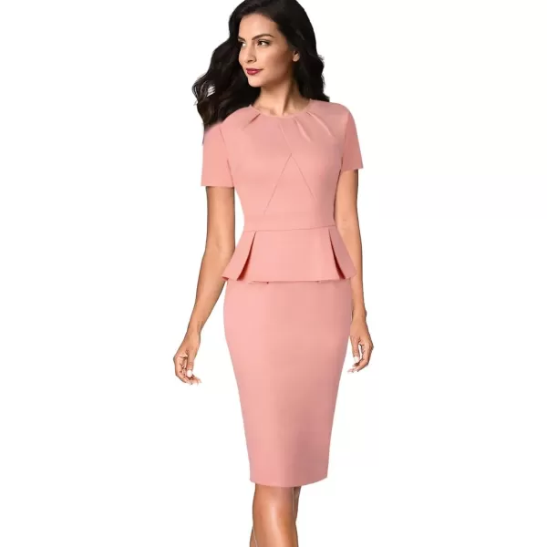 VFSHOW Womens Pleated Crew Neck Peplum Wear to Work Office Sheath DressPeach Short Sleeve