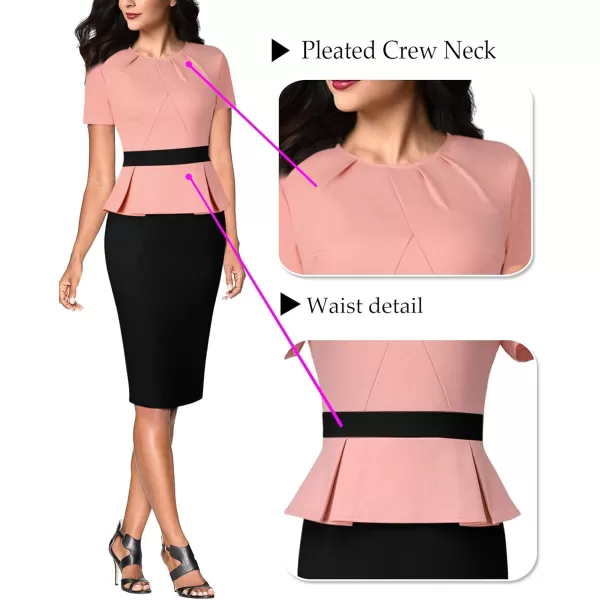 VFSHOW Womens Pleated Crew Neck Peplum Wear to Work Office Sheath DressPeach and Black