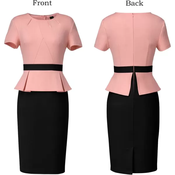 VFSHOW Womens Pleated Crew Neck Peplum Wear to Work Office Sheath DressPeach and Black