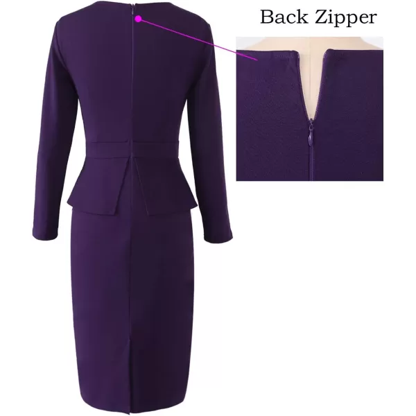 VFSHOW Womens Pleated Crew Neck Peplum Wear to Work Office Sheath DressPurple Long Sleeve