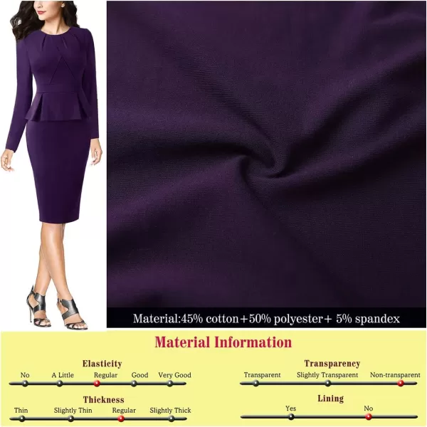 VFSHOW Womens Pleated Crew Neck Peplum Wear to Work Office Sheath DressPurple Long Sleeve