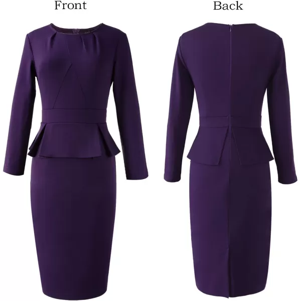 VFSHOW Womens Pleated Crew Neck Peplum Wear to Work Office Sheath DressPurple Long Sleeve