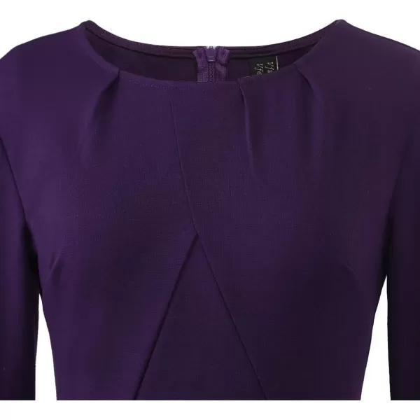 VFSHOW Womens Pleated Crew Neck Peplum Wear to Work Office Sheath DressPurple Long Sleeve