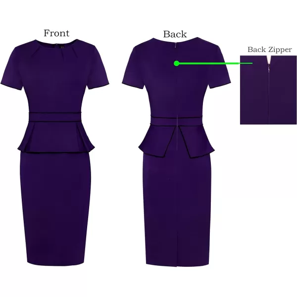 VFSHOW Womens Pleated Crew Neck Peplum Wear to Work Office Sheath DressPurple With Black Piping