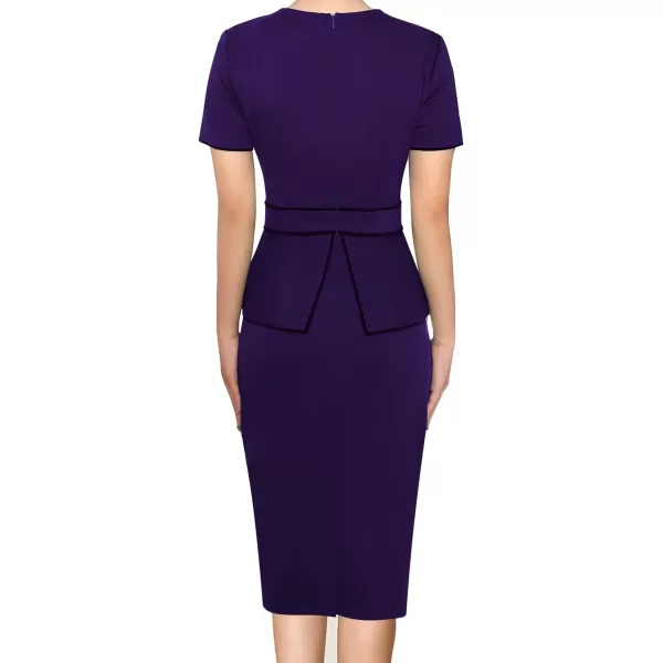 VFSHOW Womens Pleated Crew Neck Peplum Wear to Work Office Sheath DressPurple With Black Piping