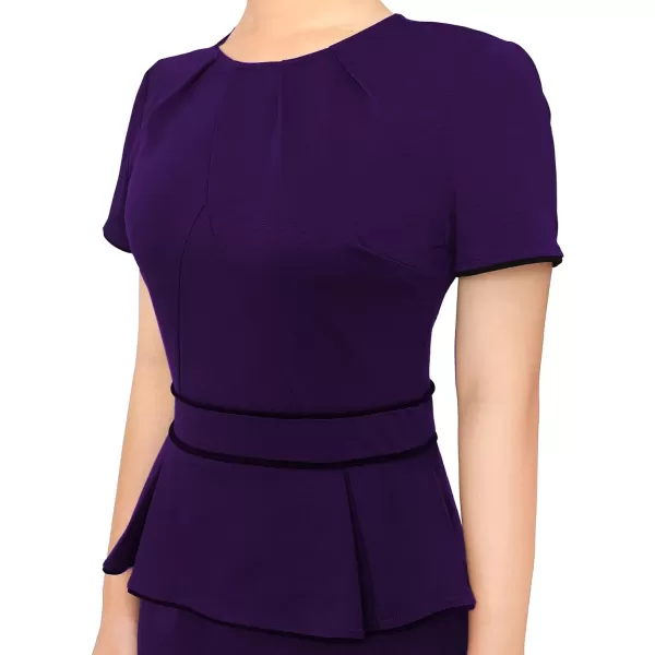 VFSHOW Womens Pleated Crew Neck Peplum Wear to Work Office Sheath DressPurple With Black Piping