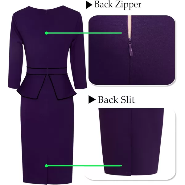 VFSHOW Womens Pleated Crew Neck Peplum Wear to Work Office Sheath DressPurple With Black Piping2