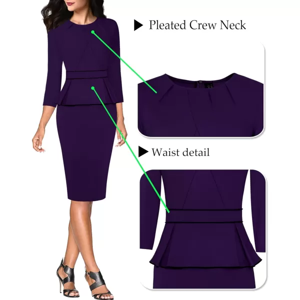 VFSHOW Womens Pleated Crew Neck Peplum Wear to Work Office Sheath DressPurple With Black Piping2