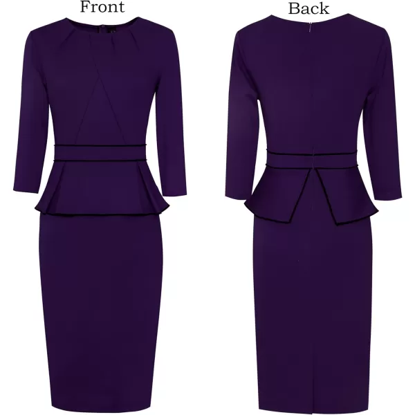 VFSHOW Womens Pleated Crew Neck Peplum Wear to Work Office Sheath DressPurple With Black Piping2