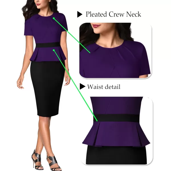 VFSHOW Womens Pleated Crew Neck Peplum Wear to Work Office Sheath DressPurple and Black2