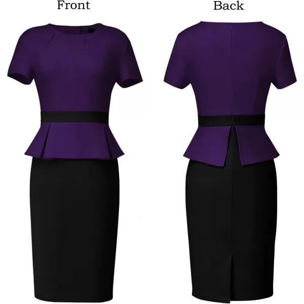 VFSHOW Womens Pleated Crew Neck Peplum Wear to Work Office Sheath DressPurple and Black2