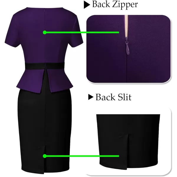 VFSHOW Womens Pleated Crew Neck Peplum Wear to Work Office Sheath DressPurple and Black2