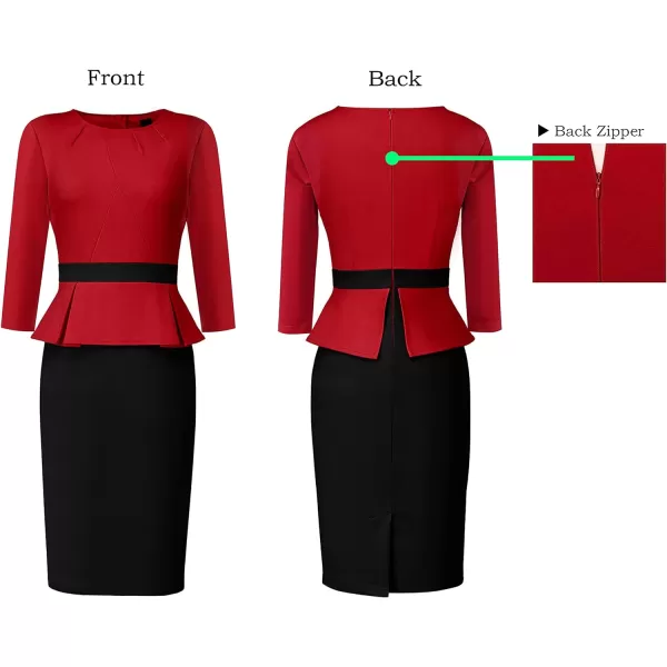 VFSHOW Womens Pleated Crew Neck Peplum Wear to Work Office Sheath DressRed  Black