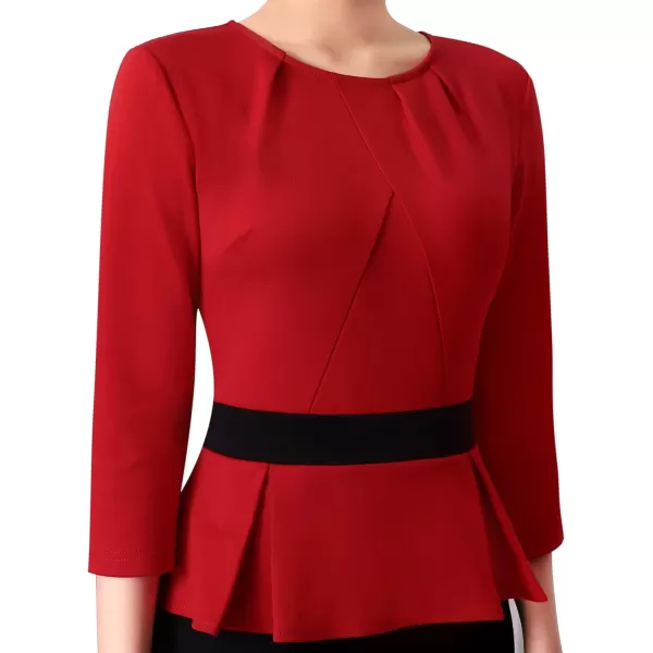 VFSHOW Womens Pleated Crew Neck Peplum Wear to Work Office Sheath DressRed  Black