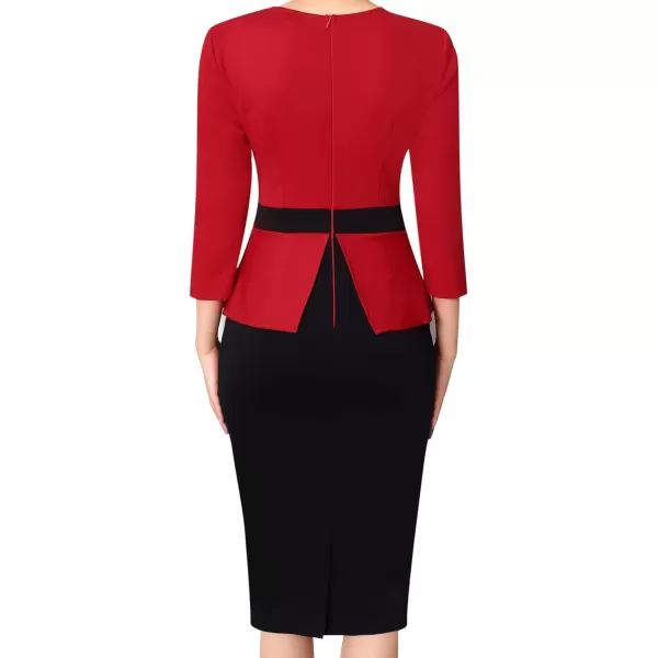 VFSHOW Womens Pleated Crew Neck Peplum Wear to Work Office Sheath DressRed  Black