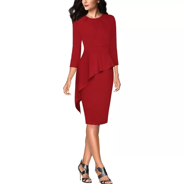 VFSHOW Womens Pleated Crew Neck Peplum Wear to Work Office Sheath DressRed Asymmetrical Peplum2