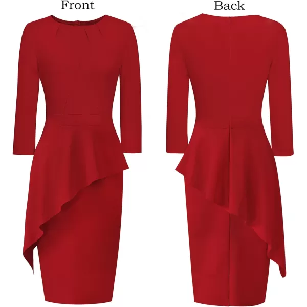 VFSHOW Womens Pleated Crew Neck Peplum Wear to Work Office Sheath DressRed Asymmetrical Peplum2