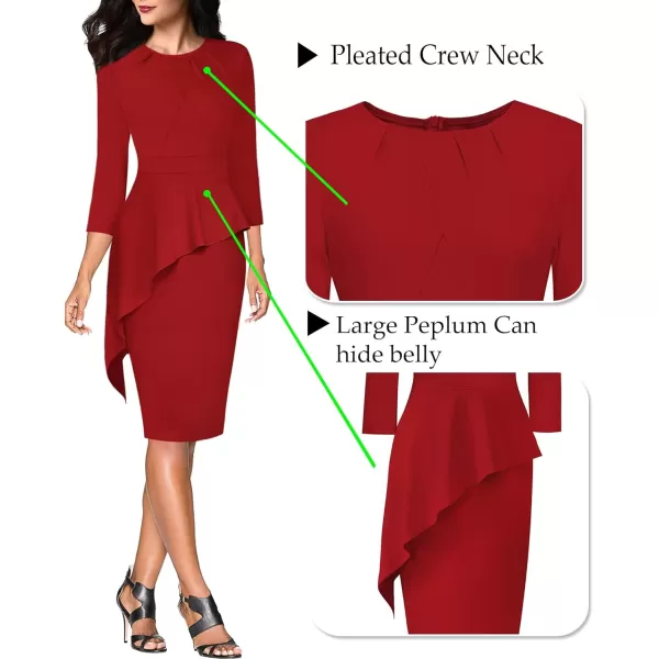 VFSHOW Womens Pleated Crew Neck Peplum Wear to Work Office Sheath DressRed Asymmetrical Peplum2