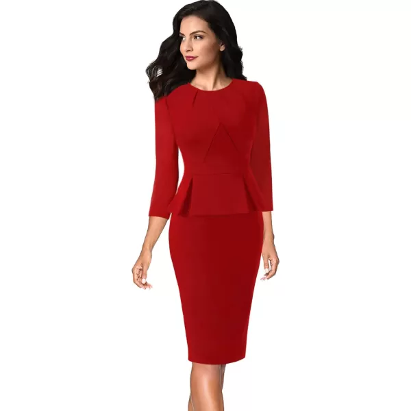 VFSHOW Womens Pleated Crew Neck Peplum Wear to Work Office Sheath DressRed Three Quarter Sleeve