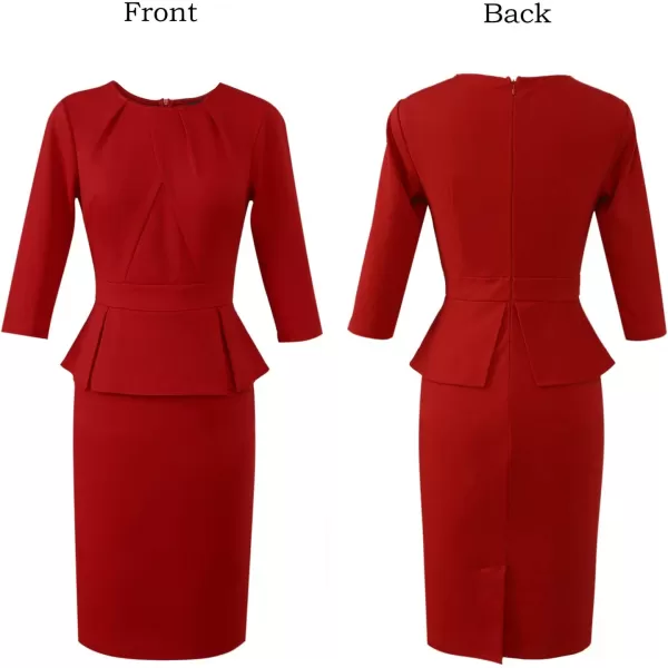 VFSHOW Womens Pleated Crew Neck Peplum Wear to Work Office Sheath DressRed Three Quarter Sleeve