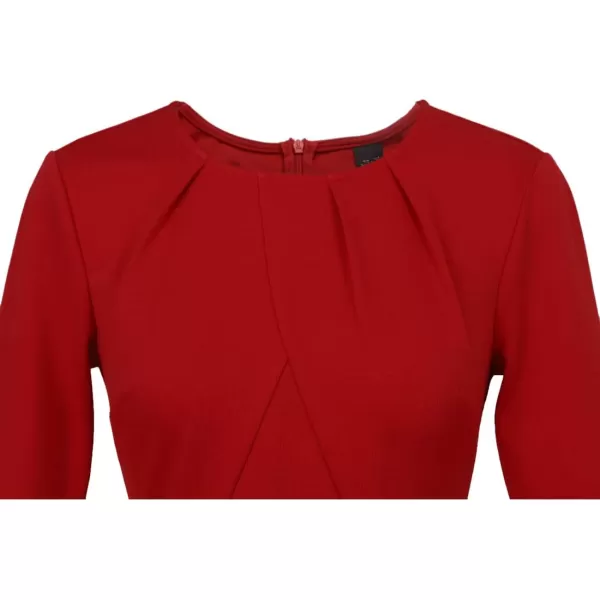 VFSHOW Womens Pleated Crew Neck Peplum Wear to Work Office Sheath DressRed Three Quarter Sleeve