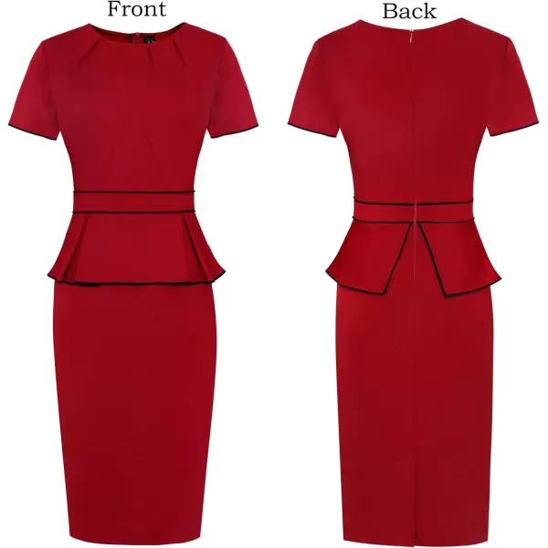 VFSHOW Womens Pleated Crew Neck Peplum Wear to Work Office Sheath DressRed With Black Piping