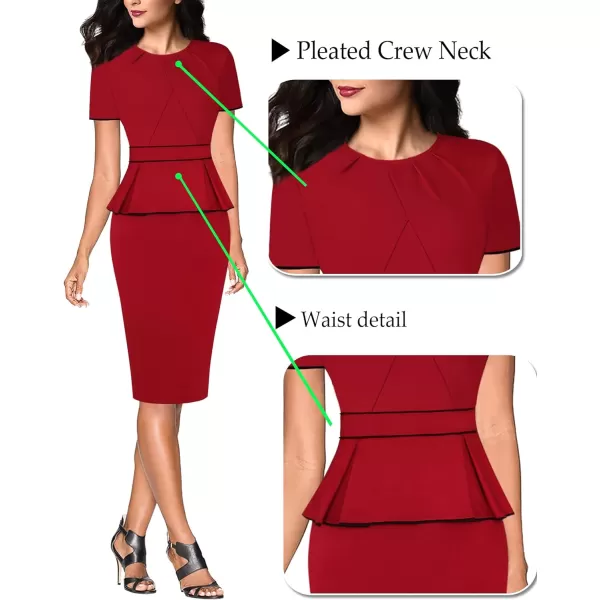 VFSHOW Womens Pleated Crew Neck Peplum Wear to Work Office Sheath DressRed With Black Piping