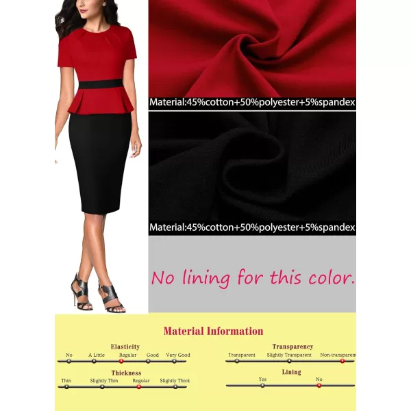 VFSHOW Womens Pleated Crew Neck Peplum Wear to Work Office Sheath DressRed and Black2