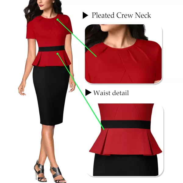 VFSHOW Womens Pleated Crew Neck Peplum Wear to Work Office Sheath DressRed and Black2