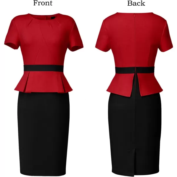 VFSHOW Womens Pleated Crew Neck Peplum Wear to Work Office Sheath DressRed and Black2