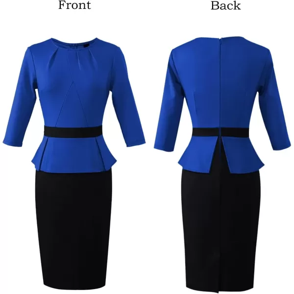 VFSHOW Womens Pleated Crew Neck Peplum Wear to Work Office Sheath DressRoyal Blue  Black2