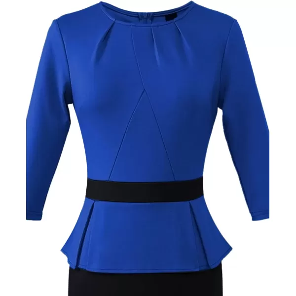 VFSHOW Womens Pleated Crew Neck Peplum Wear to Work Office Sheath DressRoyal Blue  Black2