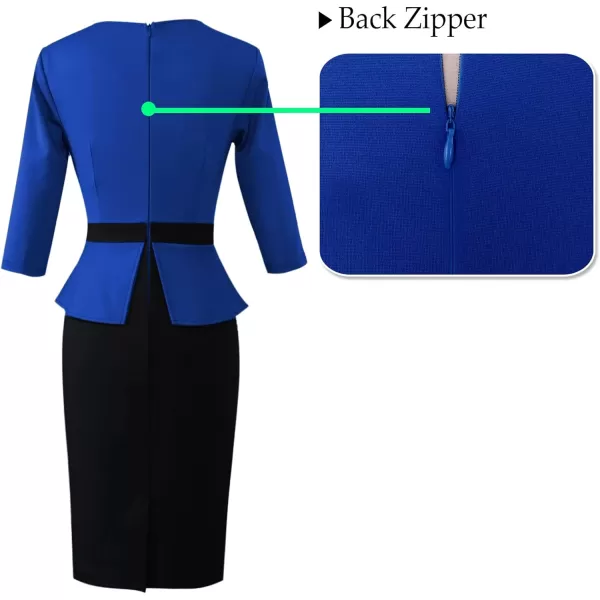 VFSHOW Womens Pleated Crew Neck Peplum Wear to Work Office Sheath DressRoyal Blue  Black2