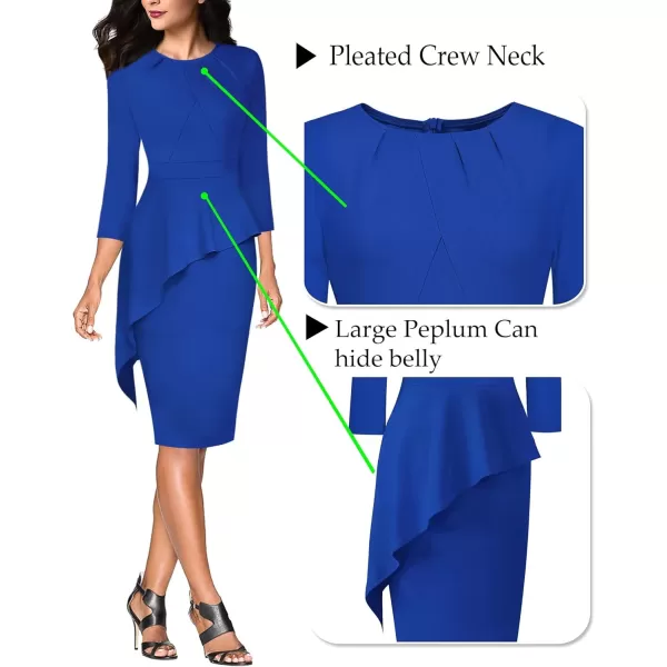 VFSHOW Womens Pleated Crew Neck Peplum Wear to Work Office Sheath DressRoyal Blue Asymmetrical Peplum2