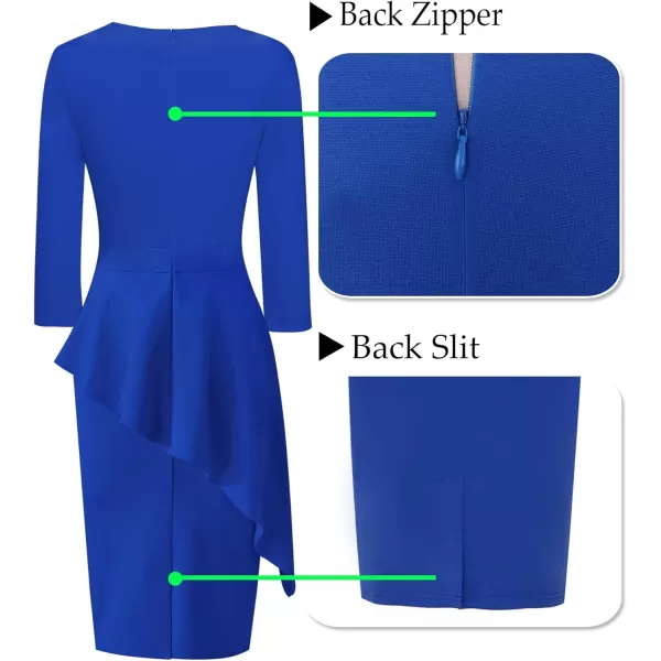 VFSHOW Womens Pleated Crew Neck Peplum Wear to Work Office Sheath DressRoyal Blue Asymmetrical Peplum2