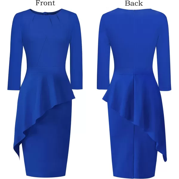 VFSHOW Womens Pleated Crew Neck Peplum Wear to Work Office Sheath DressRoyal Blue Asymmetrical Peplum2