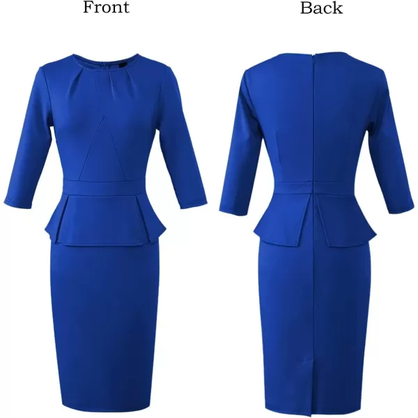 VFSHOW Womens Pleated Crew Neck Peplum Wear to Work Office Sheath DressRoyal Blue34 Sleeve