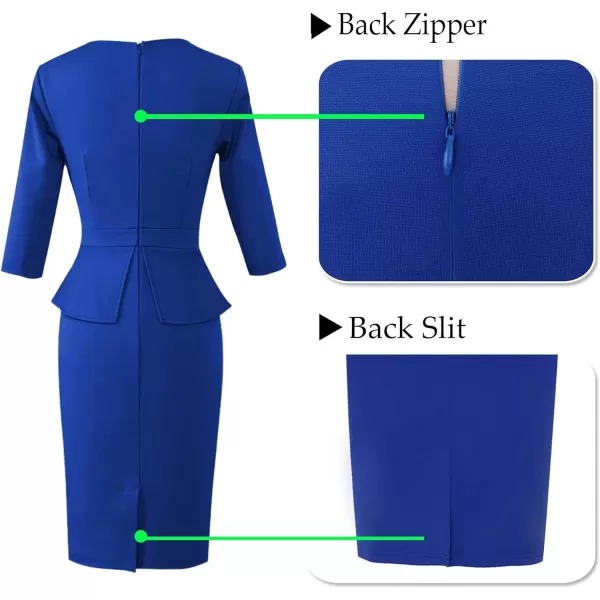 VFSHOW Womens Pleated Crew Neck Peplum Wear to Work Office Sheath DressRoyal Blue34 Sleeve