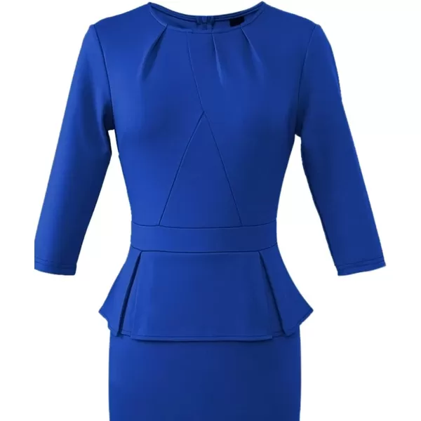 VFSHOW Womens Pleated Crew Neck Peplum Wear to Work Office Sheath DressRoyal Blue34 Sleeve